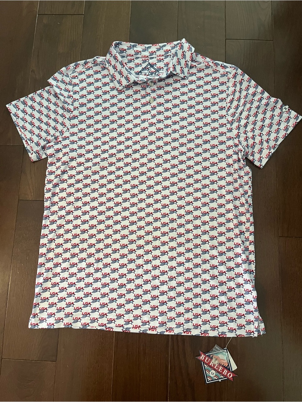 NWT Burlebo Men's White USA Print Polo Shirt